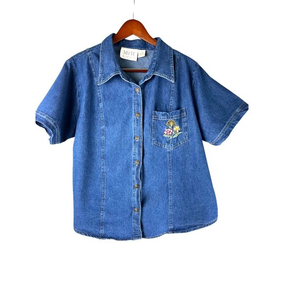 VTG 90's Cottage, Grandma Embroidered Flowers Denim Blouse, Women's PLUS 2X - Picture 2 of 11